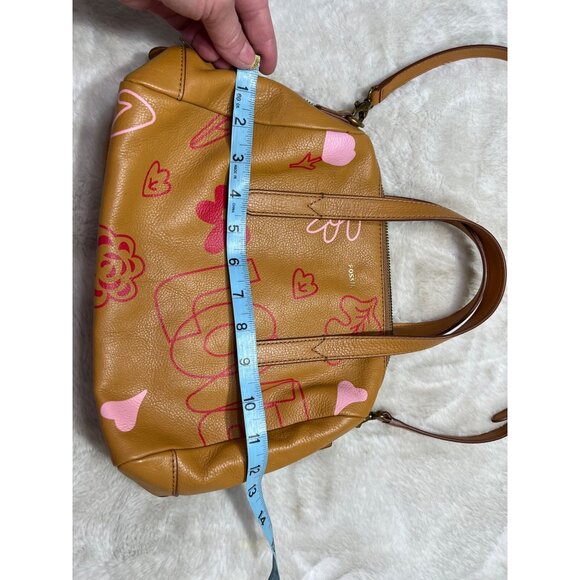 Fossil Sydney Love Tan Leather Satchel With Pink Heart Details & Adjustable Stra - Picture 5 of 7